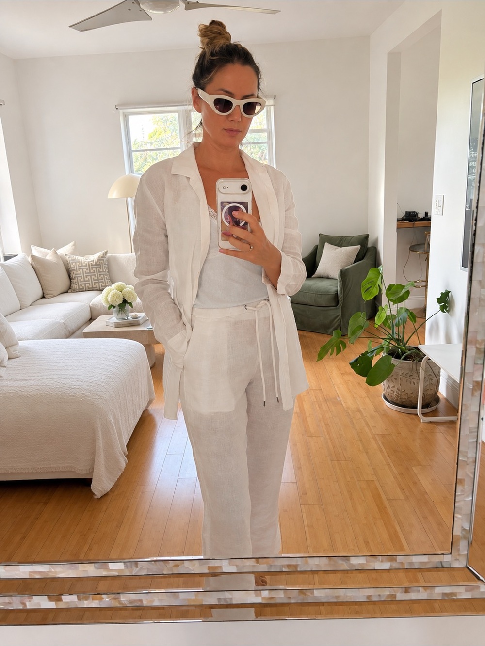 James Perse White Linen Tie-Waist Trousers